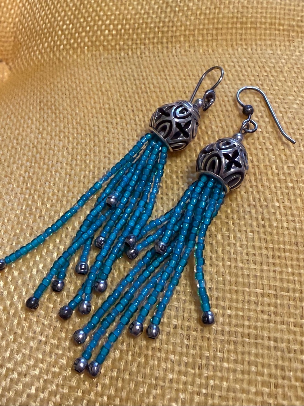 Brighton Teal Seed Bead Tassel Earrings with Silver-Tone Caps